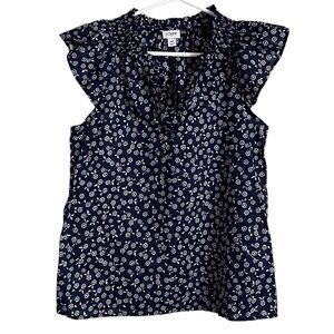J Crew Floral Flutter Sleeve Top Printed Navy Blue White Preppy Cottagecore XS